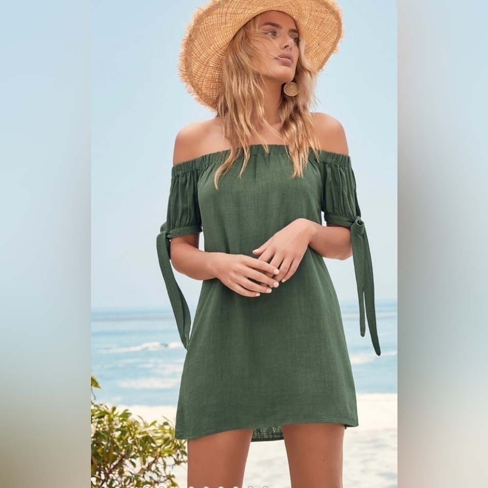 NWT Lulu’s Off The Shoulder Puff Tie Sleeve Olive Dress  SZ S